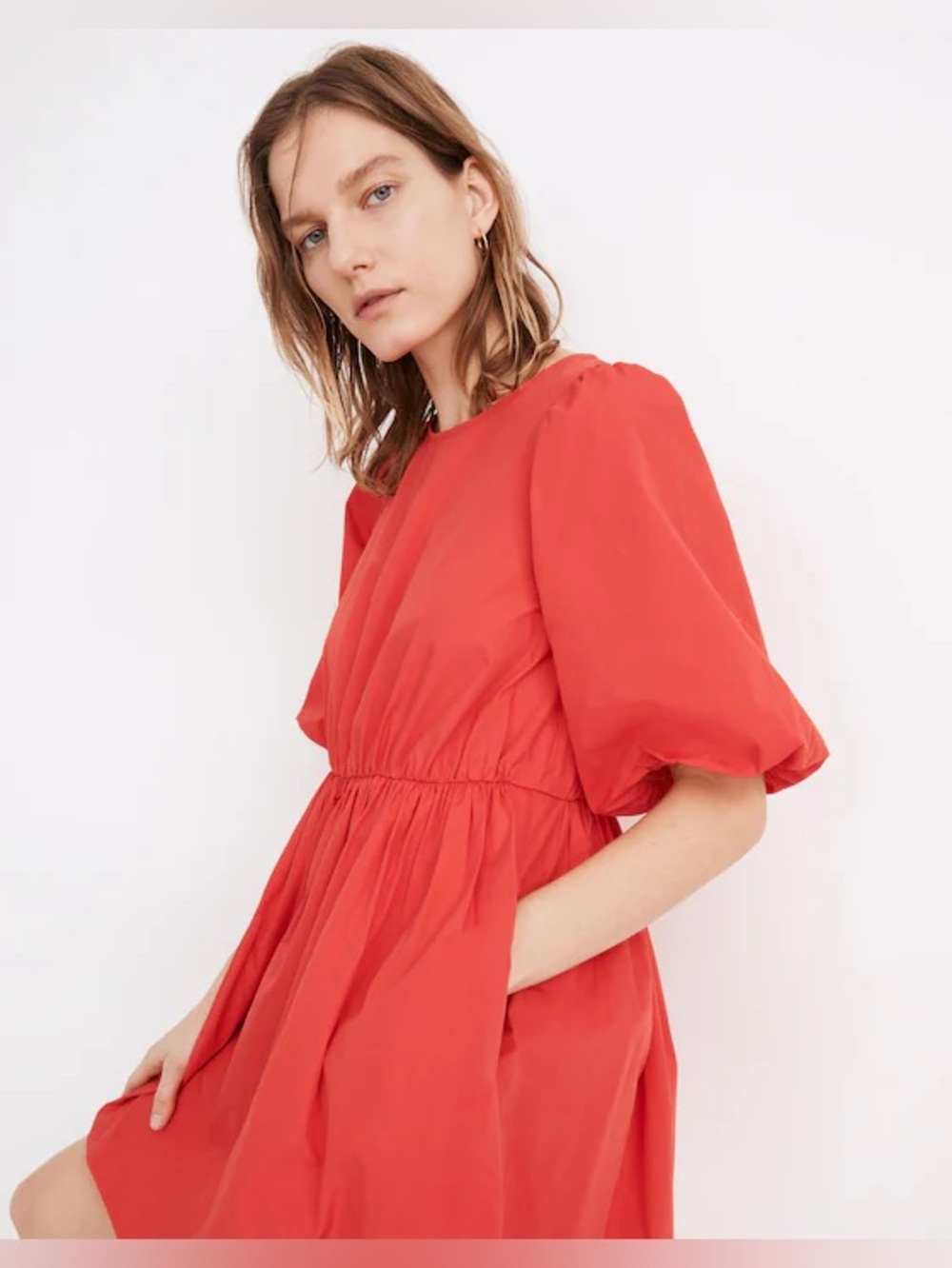 MADEWELL Poplin Crewneck Bubble-Sleeve Mini Dress